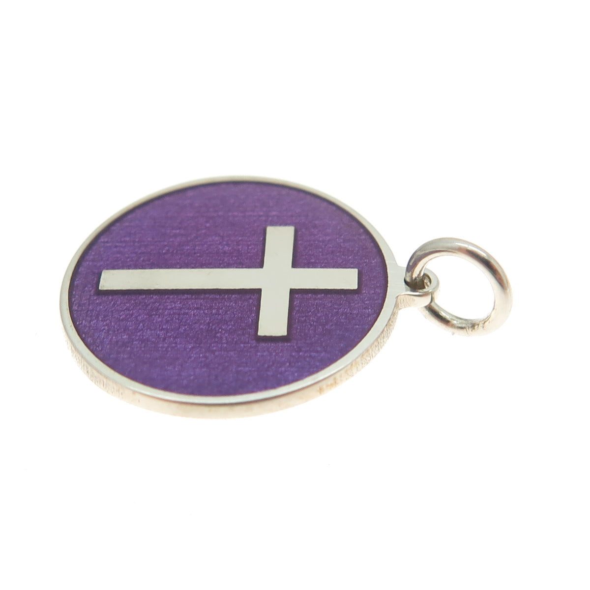 925 Sterling Silver Purple Enamel Cross Round Tag Minimalist Charm Pendant