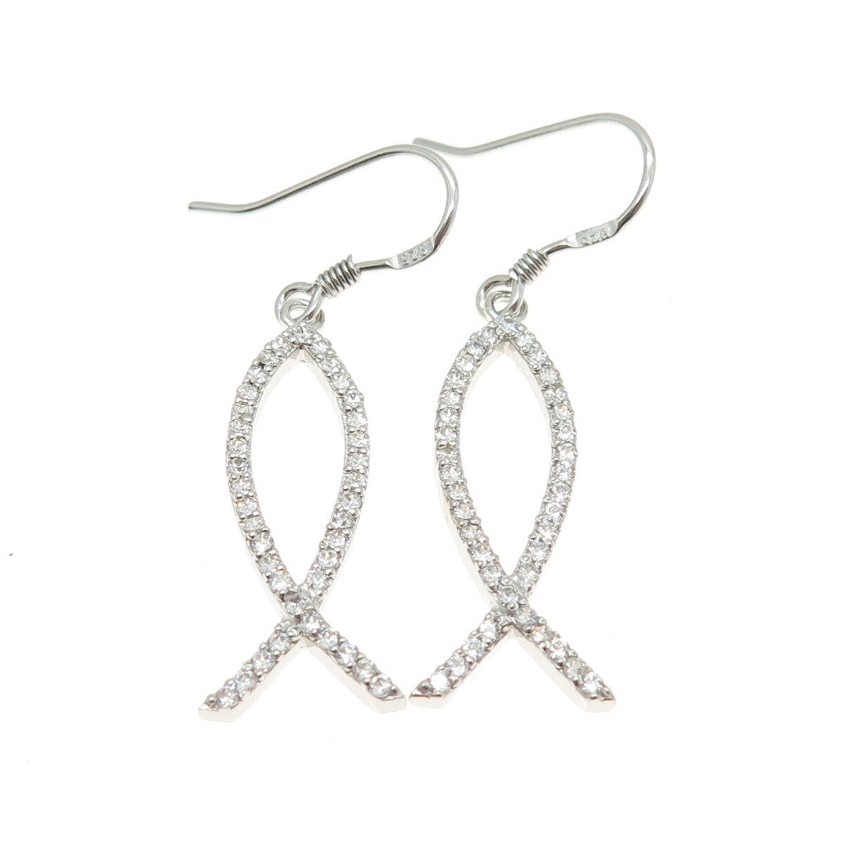 925 Sterling Silver Round-Cut C Z Ichthys Symbol Dangling Earrings