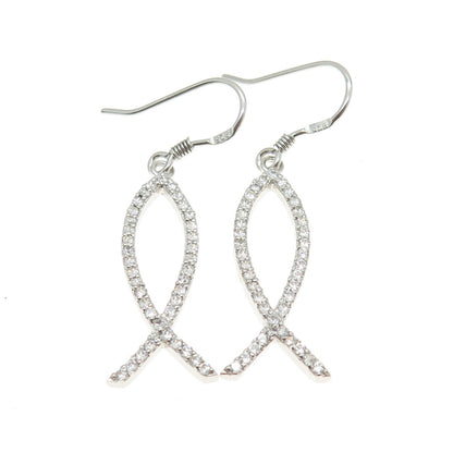 925 Sterling Silver Round-Cut C Z Ichthys Symbol Dangling Earrings