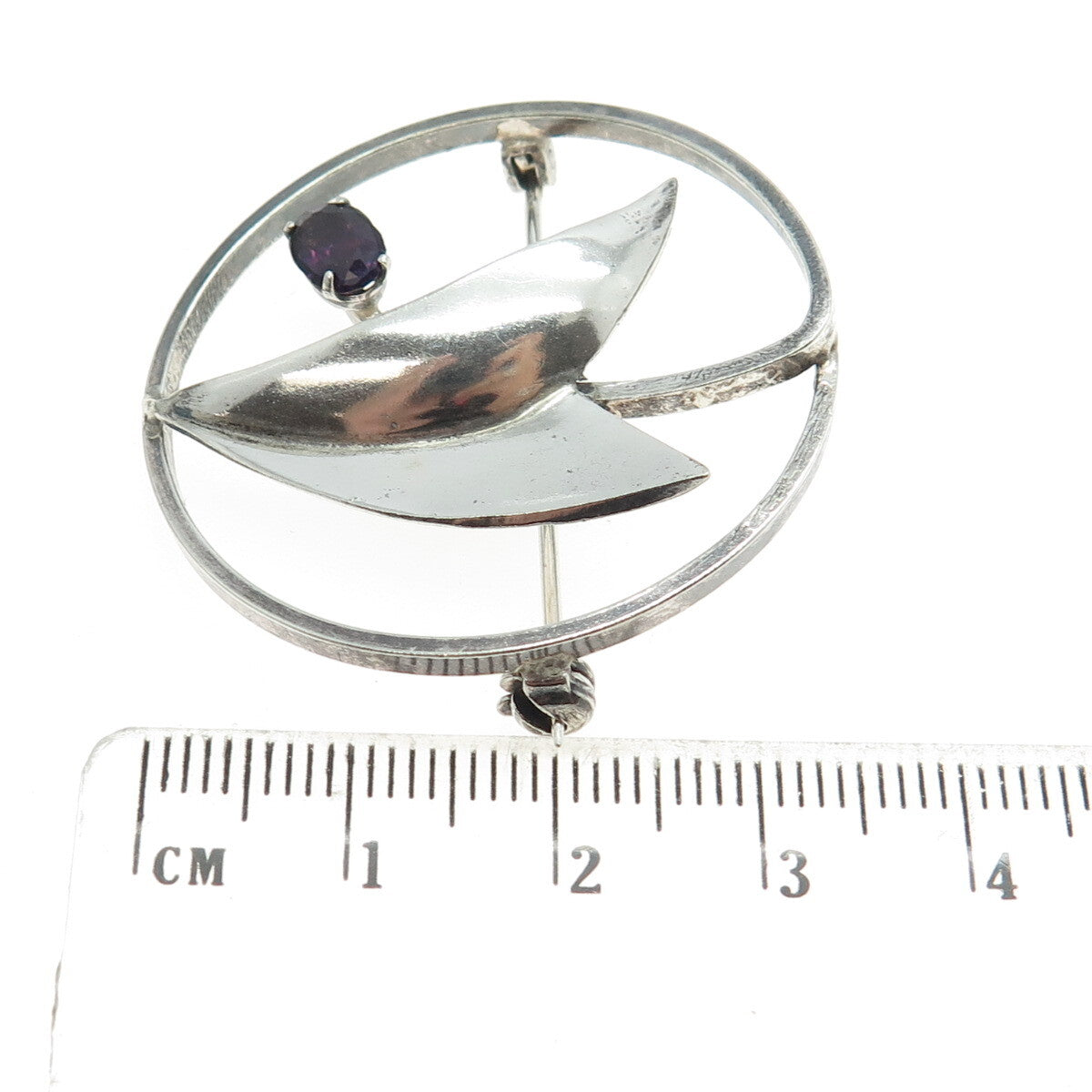 925 Sterling Silver Vintage Real Tourmaline Gemstone Modernist Pin Brooch
