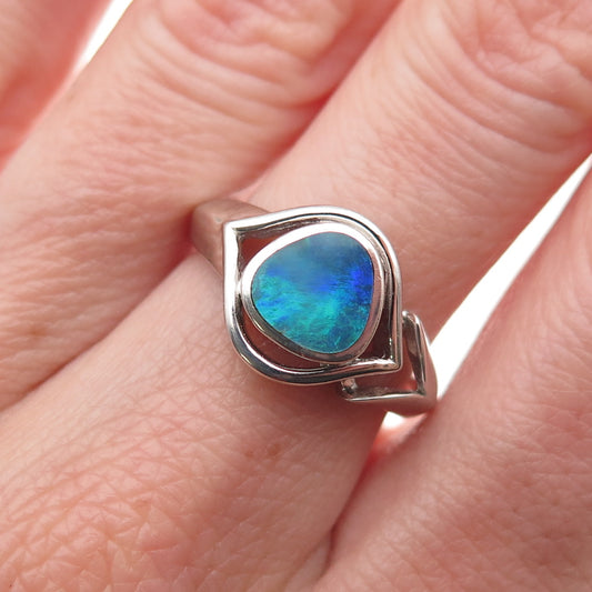 925 Sterling Silver Vintage Real Opal Modernist Evil Eye Ring Size 7