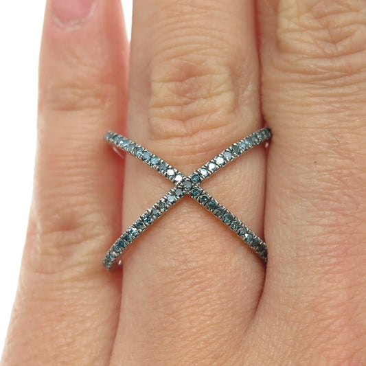 925 Sterling Silver Real Round-Cut Fancy Blue Diamond Crisscross Ring Size 6.25