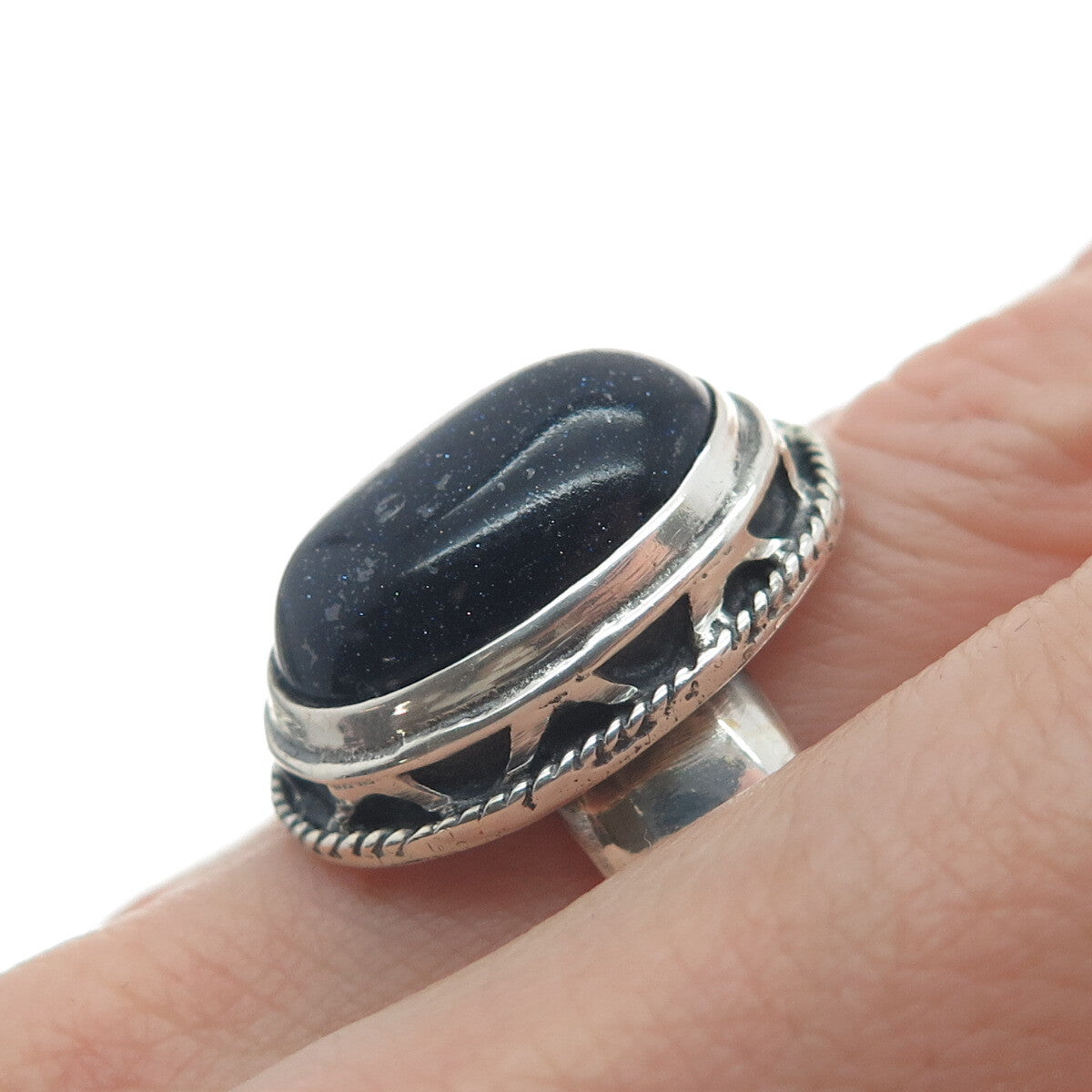 925 Sterling Silver Vintage Real Blue Sunstone Zig Zag Oxidized Ring Size 8.75