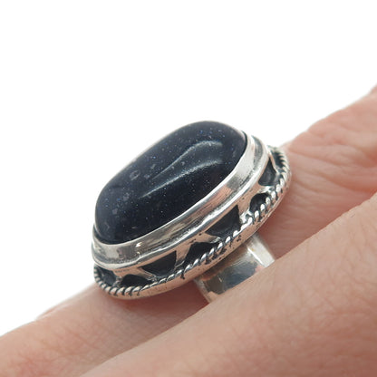 925 Sterling Silver Vintage Real Blue Sunstone Zig Zag Oxidized Ring Size 8.75