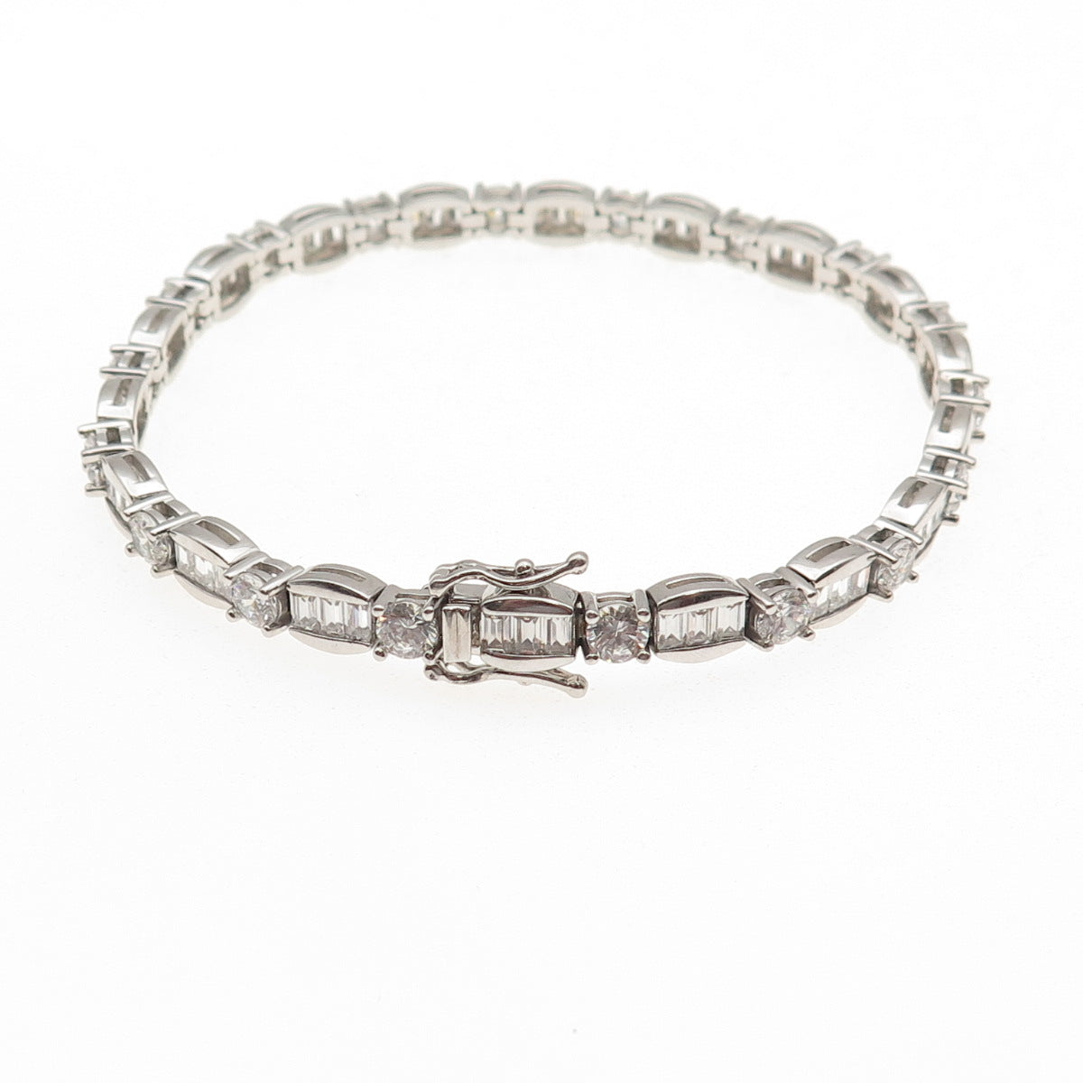 925 Sterling Silver Round & Emerald-Cut C Z Bracelet 7.5"