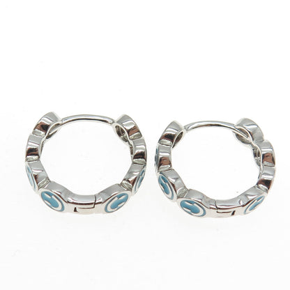 925 Sterling Silver Blue Enamel Smiley Face Huggie Earrings