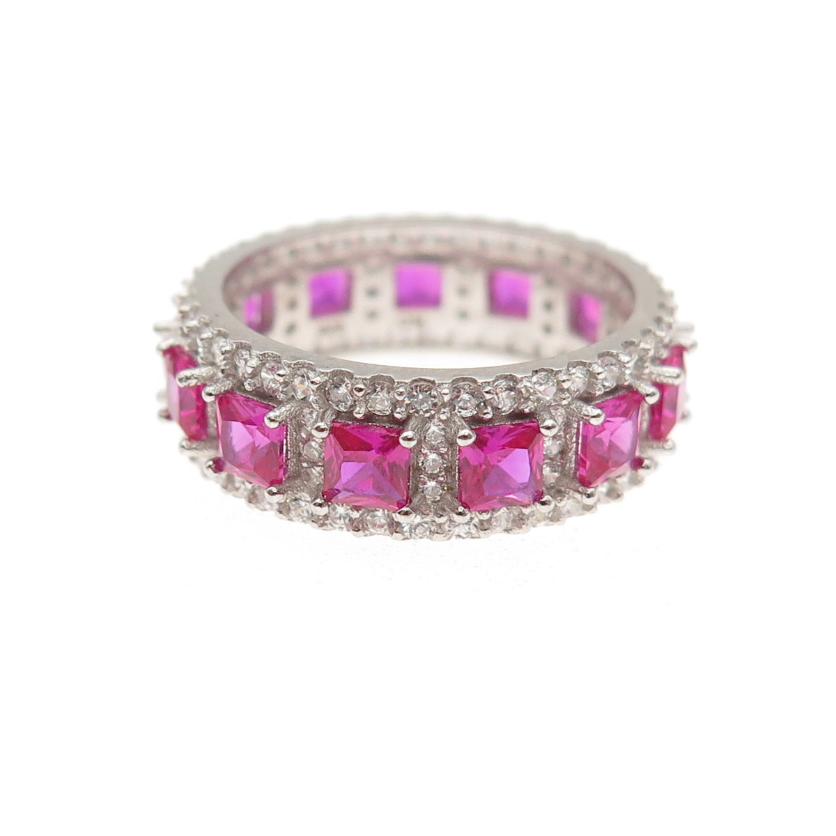 925 Sterling Silver Lab-Created Ruby & C Z Band Ring Size 5.25