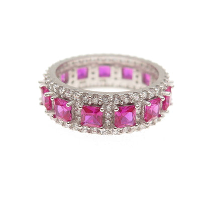 925 Sterling Silver Lab-Created Ruby & C Z Band Ring Size 5.25