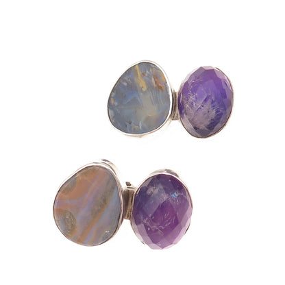 Rebecca Collins 925 Sterling Silver Vintage Real Opal Amethyst Clip On Earrings