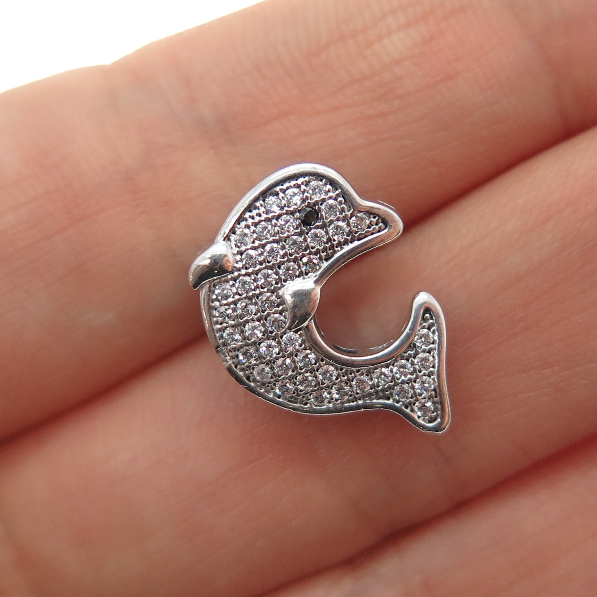 925 Sterling Silver Round-Cut Black & White C Z Dolphin Mini Slide Charm Pendant