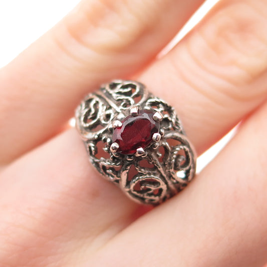 925 Sterling Silver Vintage Real Oval-Cut Red Garnet Ornate Ring Size 6.25