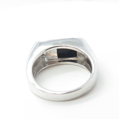 925 Sterling Silver Real Black Onyx & White C Z Ring Size 10.25