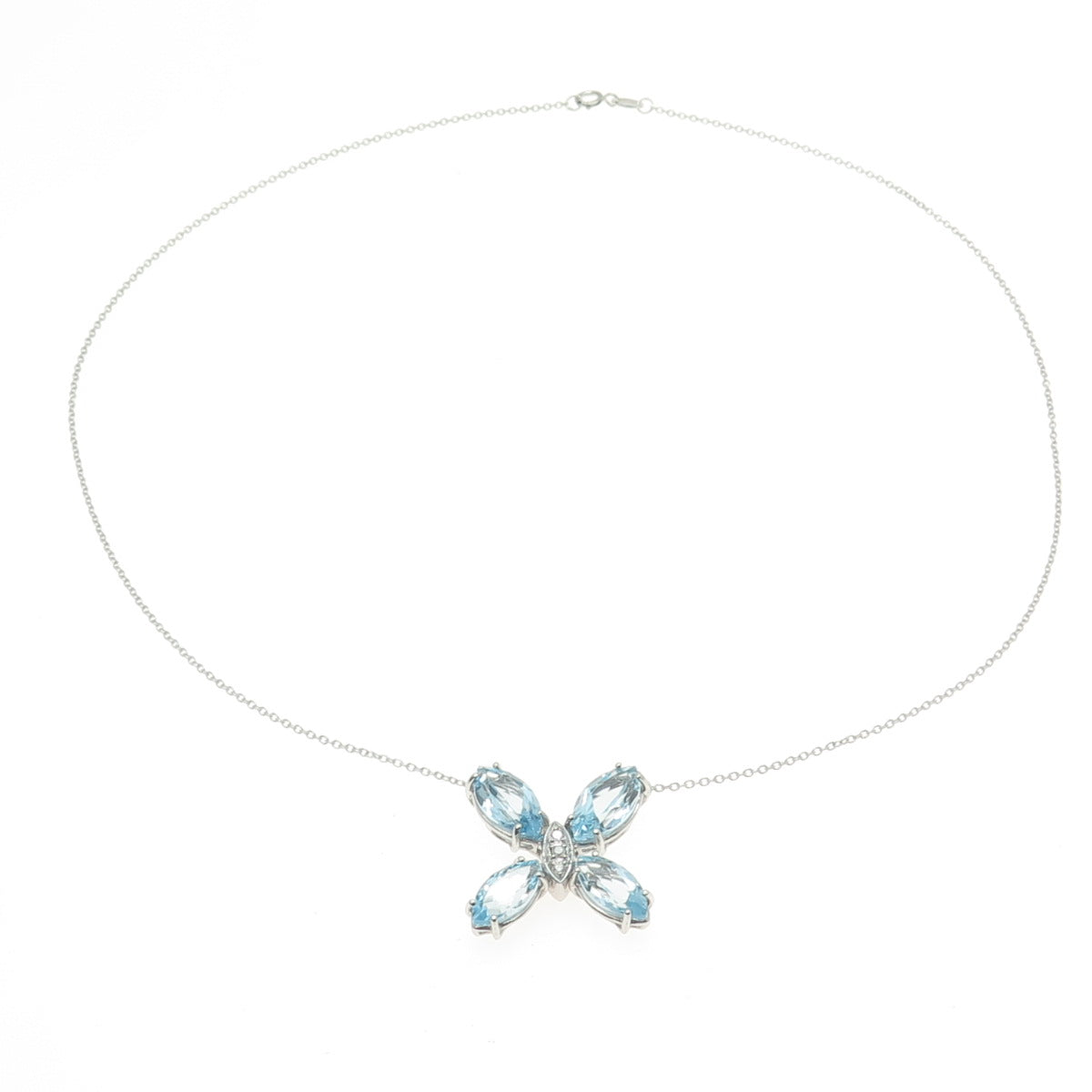 925 Sterling Silver Real White Diamond & Blue Topaz Gem Butterfly Necklace 18"