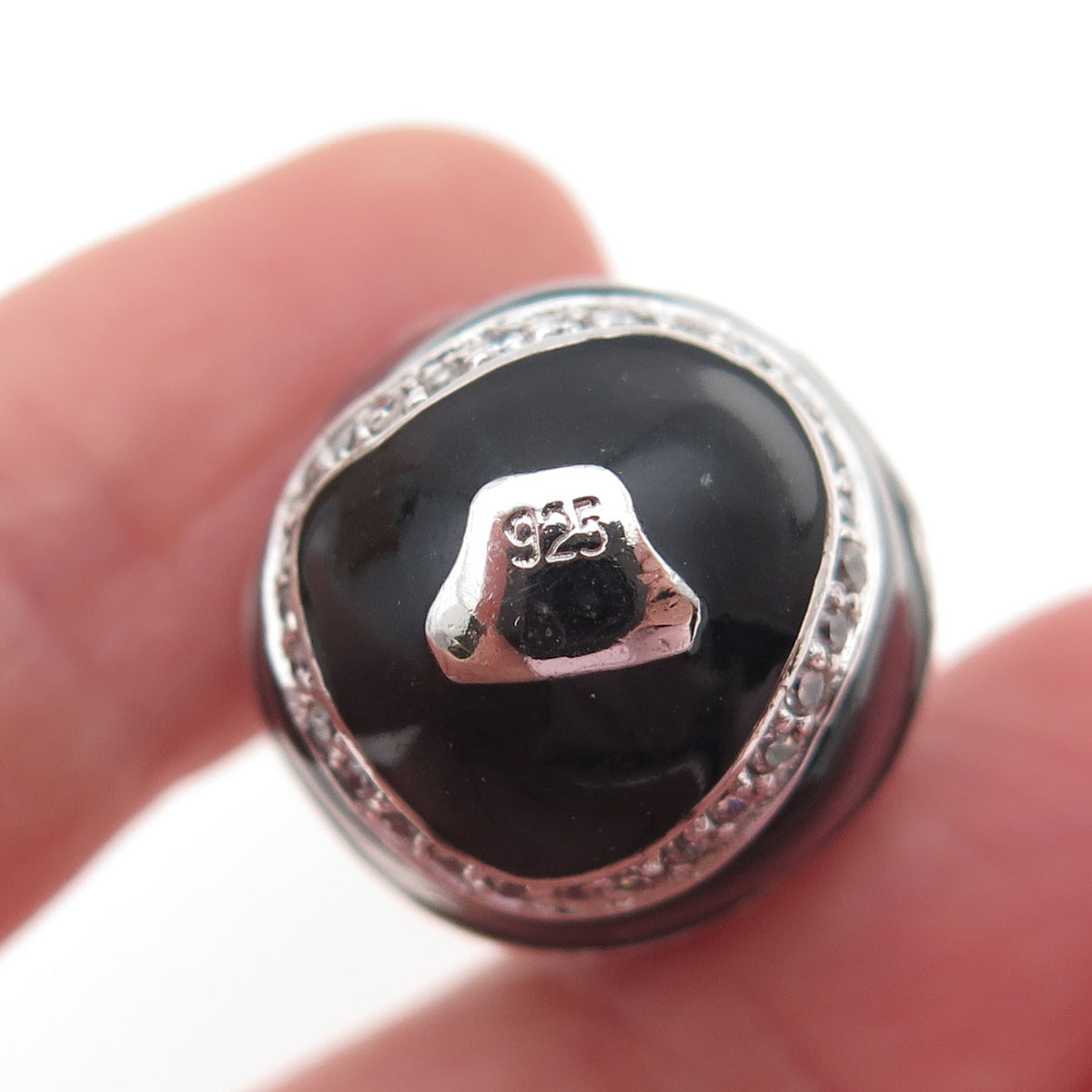 925 Sterling Silver Black Enamel Round-Cut C Z Easter Egg Charm Pendant