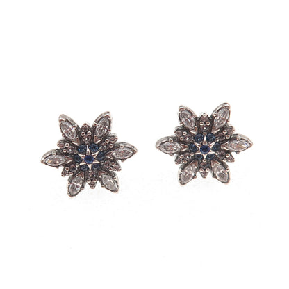 Pandora 925 Sterling Silver Blue & White C Z Snowflake Stud Earrings