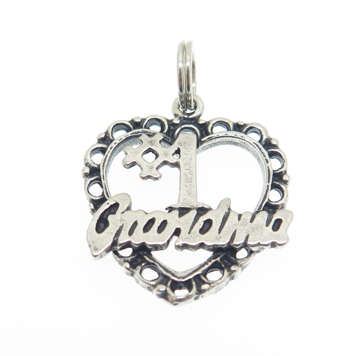 925 Sterling Silver Vintage "#1 Grandma" Heart Oxidized Charm Pendant