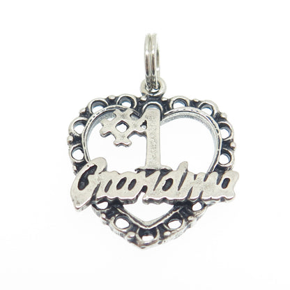 925 Sterling Silver Vintage "#1 Grandma" Heart Oxidized Charm Pendant