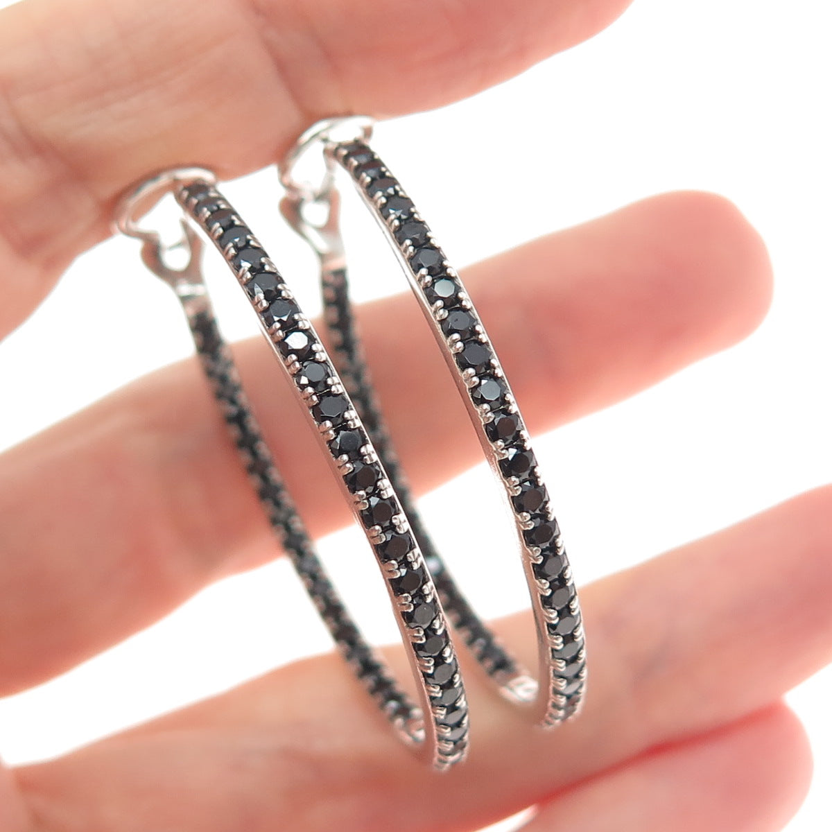 925 Sterling Silver Real Round-Cut Black Spinel In & Out Hoop Earrings