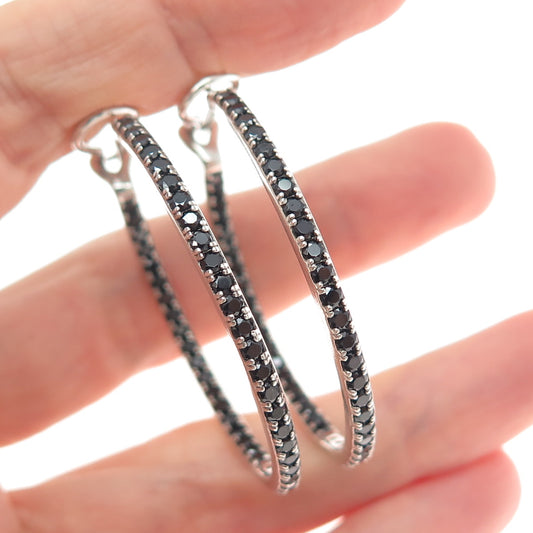 925 Sterling Silver Real Round-Cut Black Spinel In & Out Hoop Earrings