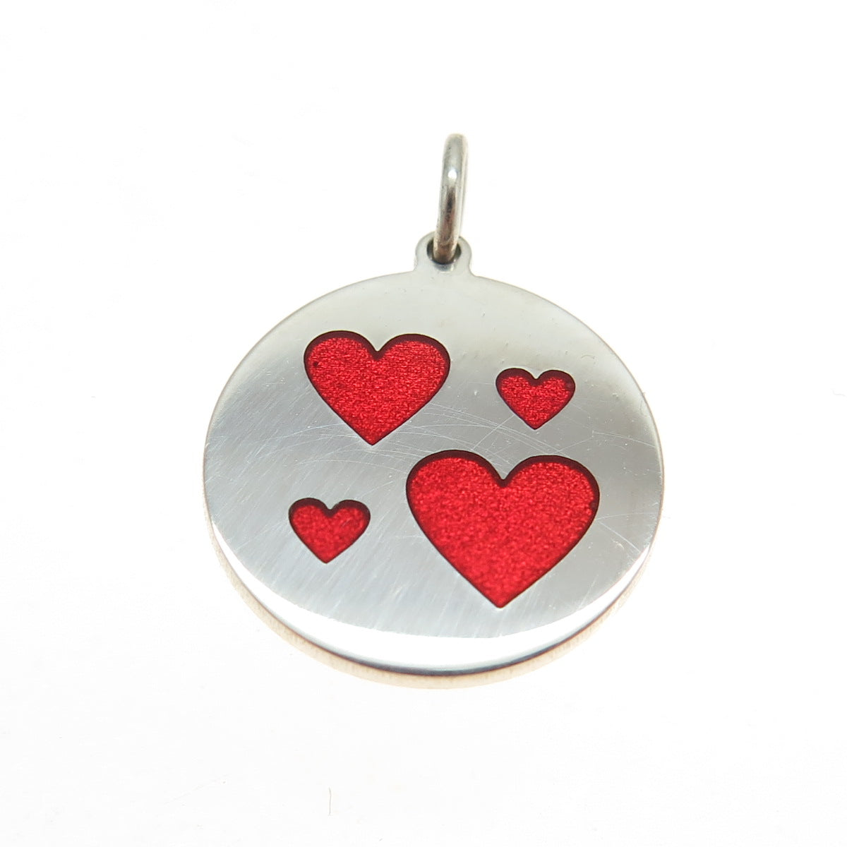 925 Sterling Silver Red Enamel Family Heart Round Tag Minimalist Charm Pendant