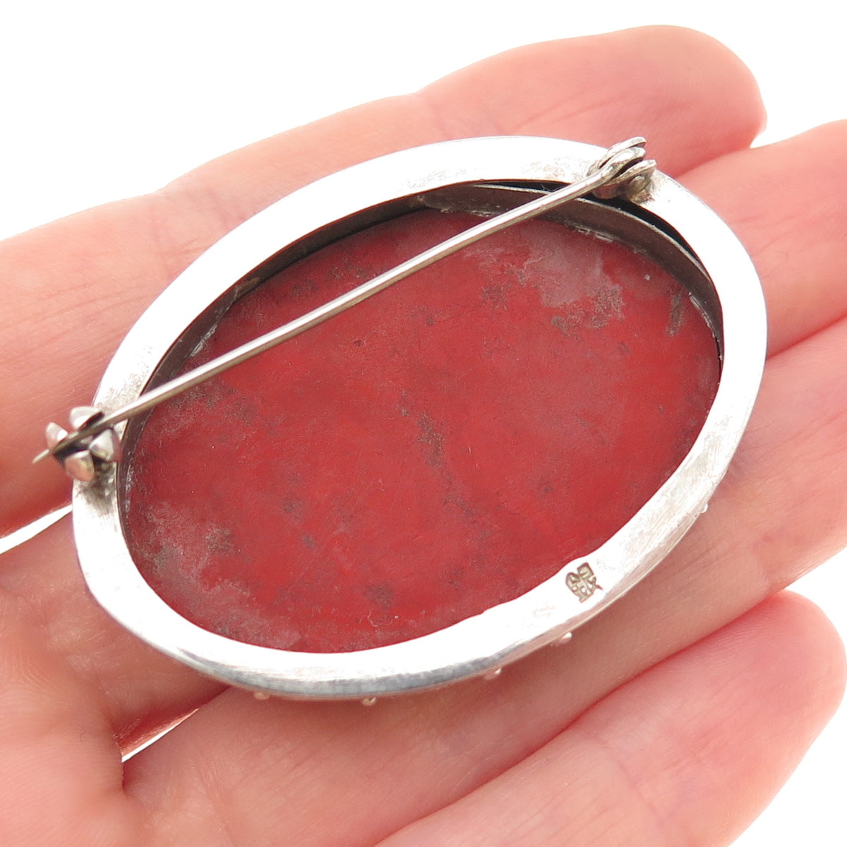 925 Sterling Antique China Export Cinnabar Floral Pin Brooch (missing lock hook)