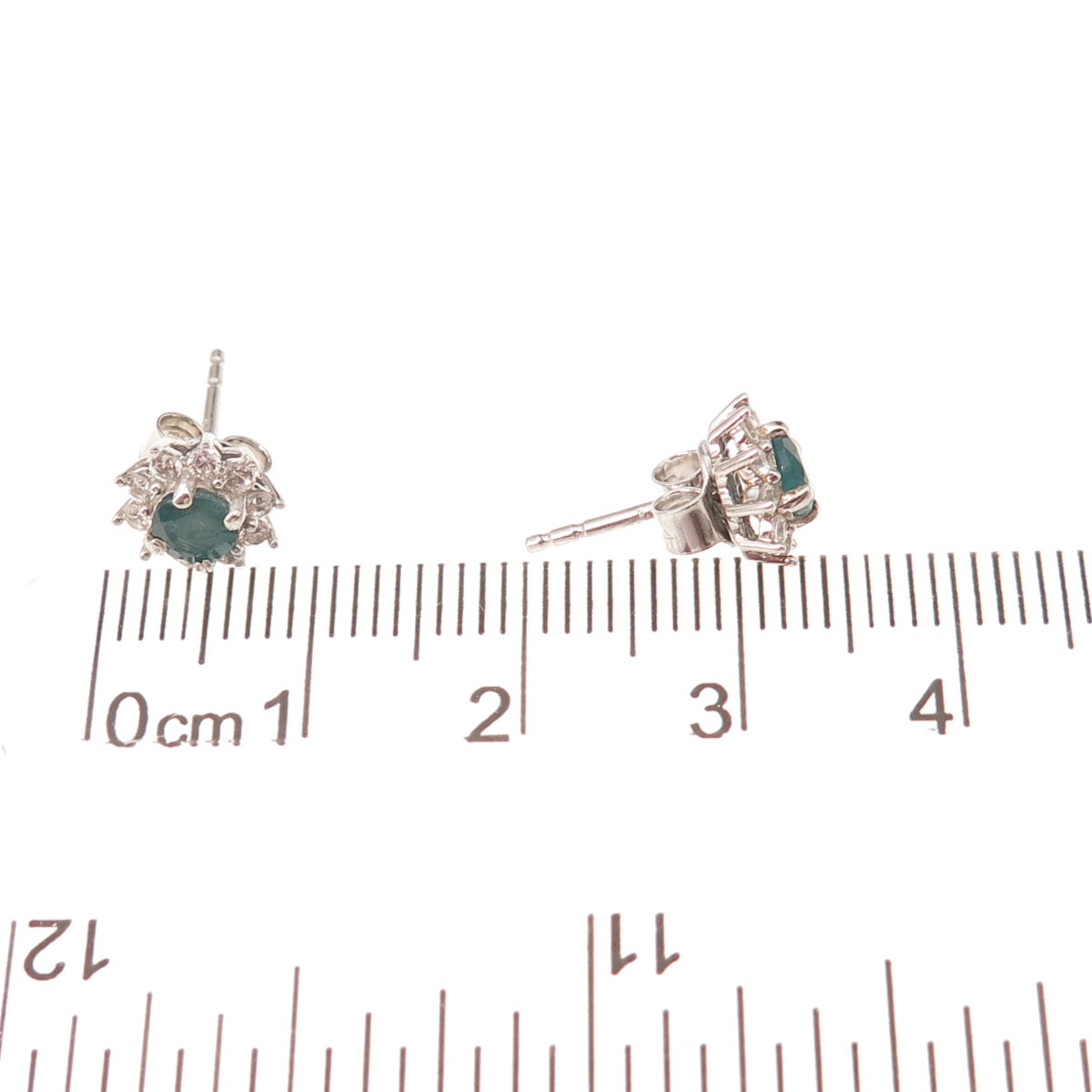 925 Sterling Silver Real Round-Cut Emerald & White Topaz Floral Stud Earrings
