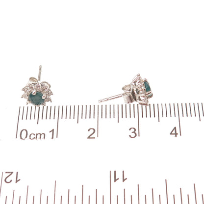 925 Sterling Silver Real Round-Cut Emerald & White Topaz Floral Stud Earrings
