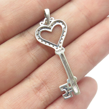 925 Sterling Silver Real Round-Cut White Diamond Heart Key Pendant