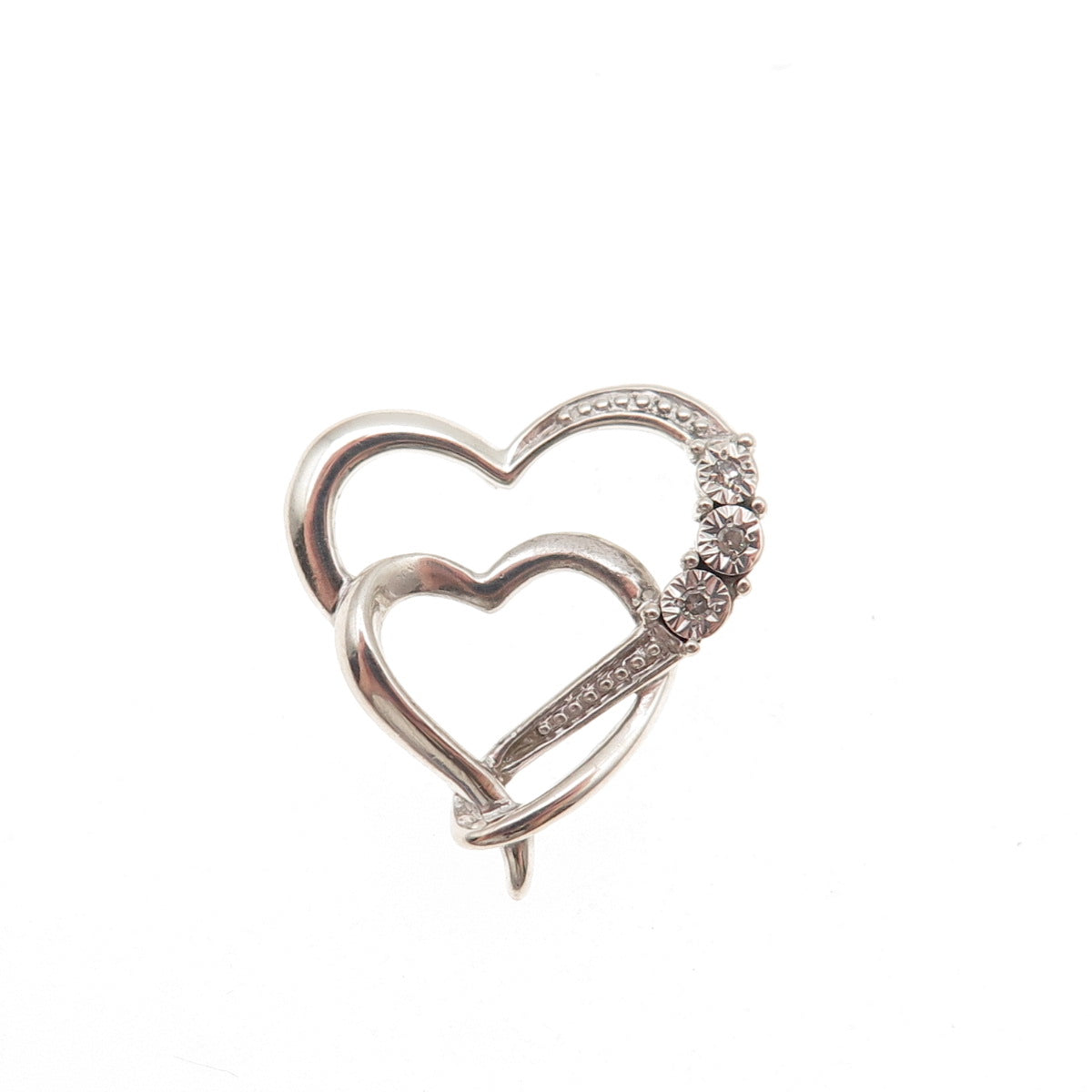925 Sterling Silver Real Diamond Double Heart Mini Slide Charm Pendant