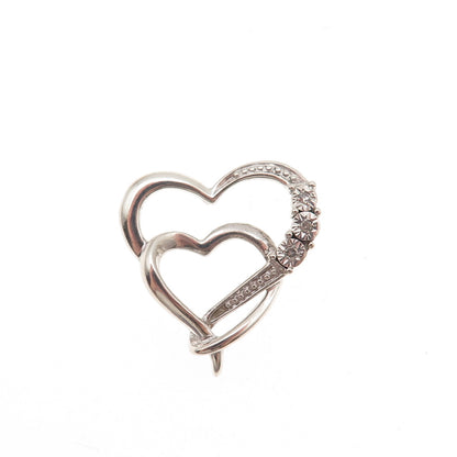 925 Sterling Silver Real Diamond Double Heart Mini Slide Charm Pendant