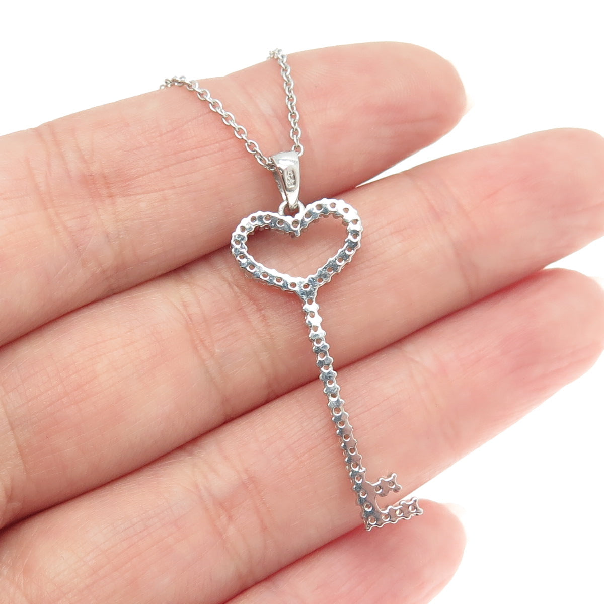 925 Sterling Silver Pave C Z Key Pendant Rolo Chain Necklace 18"