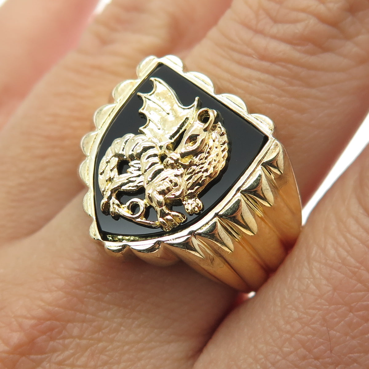 NLP TNC INC Sterling Silver Gold Plated Vintage Real Onyx Dragon Ring Size 10.25