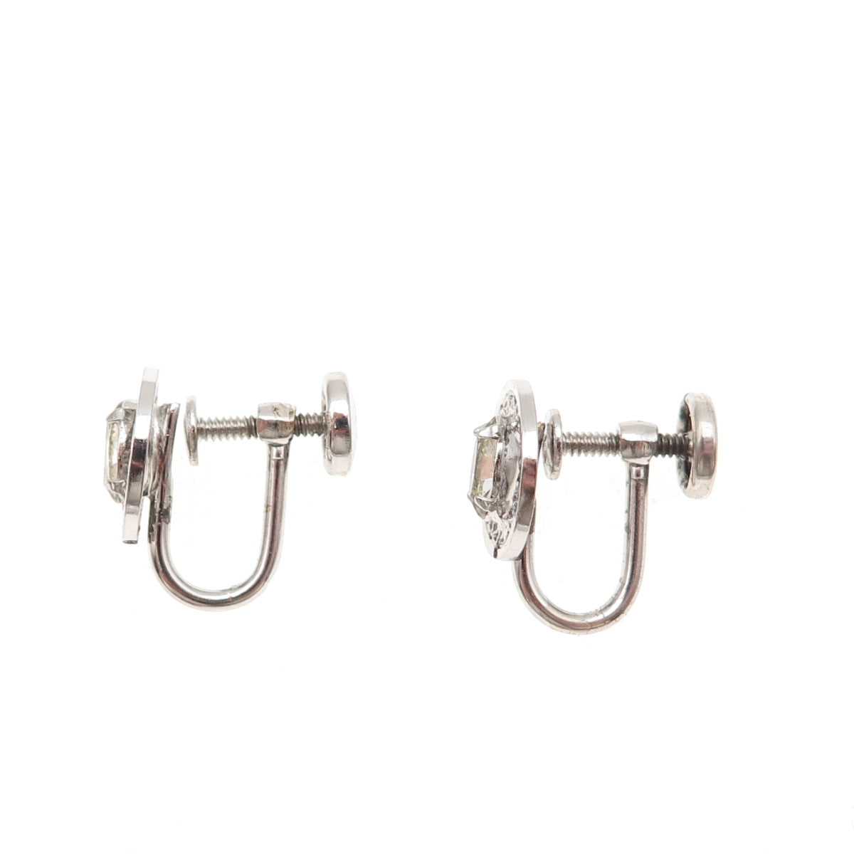 925 Sterling Silver Antique Art Deco Rhinestone Filigree Screw Back Earrings