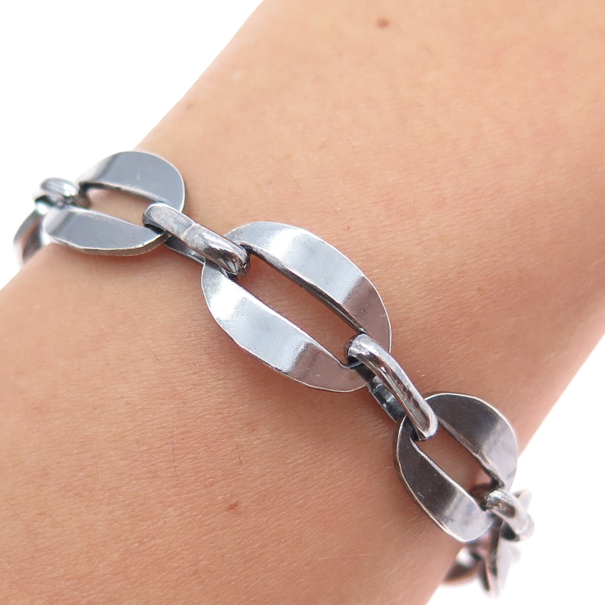 925 Sterling Silver Vintage Mexico Oxidized Coffee Bean Link Bracelet 7.5"