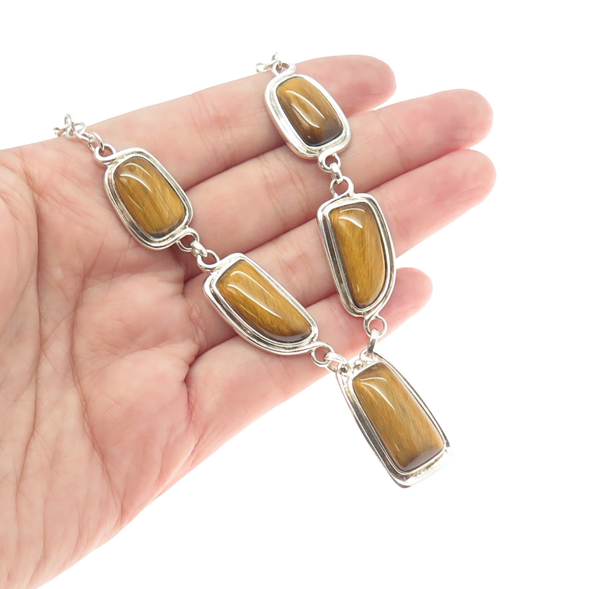 WHITNEY KELLY 925 Sterling Silver Vintage Real Tiger Eye Gemstone Necklace 18"