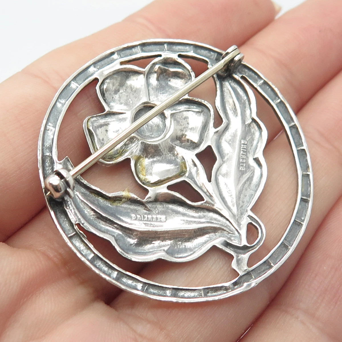 925 Sterling Silver Vintage Round Floral Pin Brooch