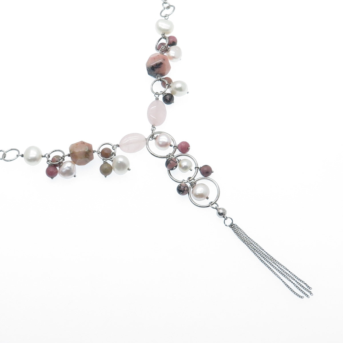 925 Sterling Silver Vintage Real Pearl Quartz & Rhodonite Tassel Necklace 16-18"