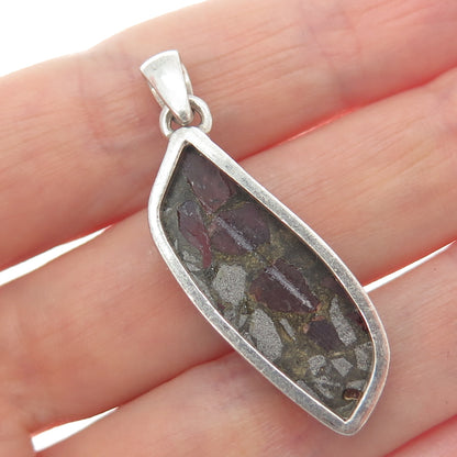 925 Sterling Vintage Real Pyrite Tourmaline & Red Garnet Inlay Modernist Pendant
