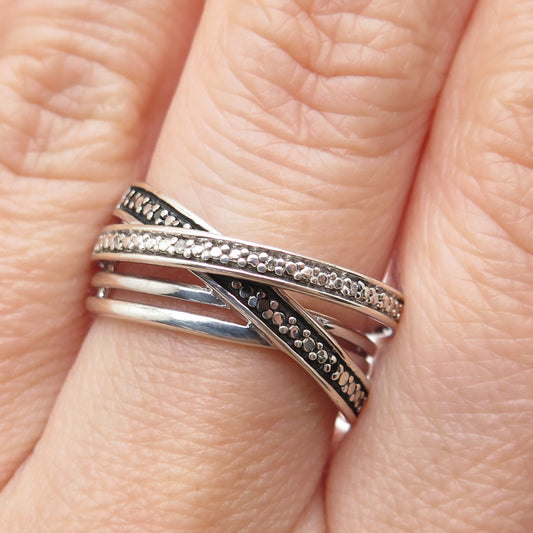 925 Sterling Silver Real Round-Cut Black & White Diamond Crisscross Ring Size 7