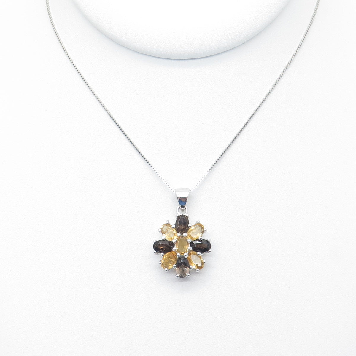 925 Sterling Silver ADI Real Smoky Quartz & Yellow Topaz Box Chain Necklace 18"