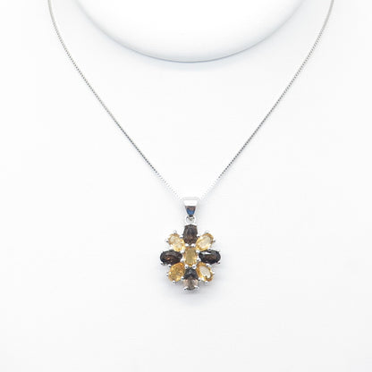 925 Sterling Silver ADI Real Smoky Quartz & Yellow Topaz Box Chain Necklace 18"