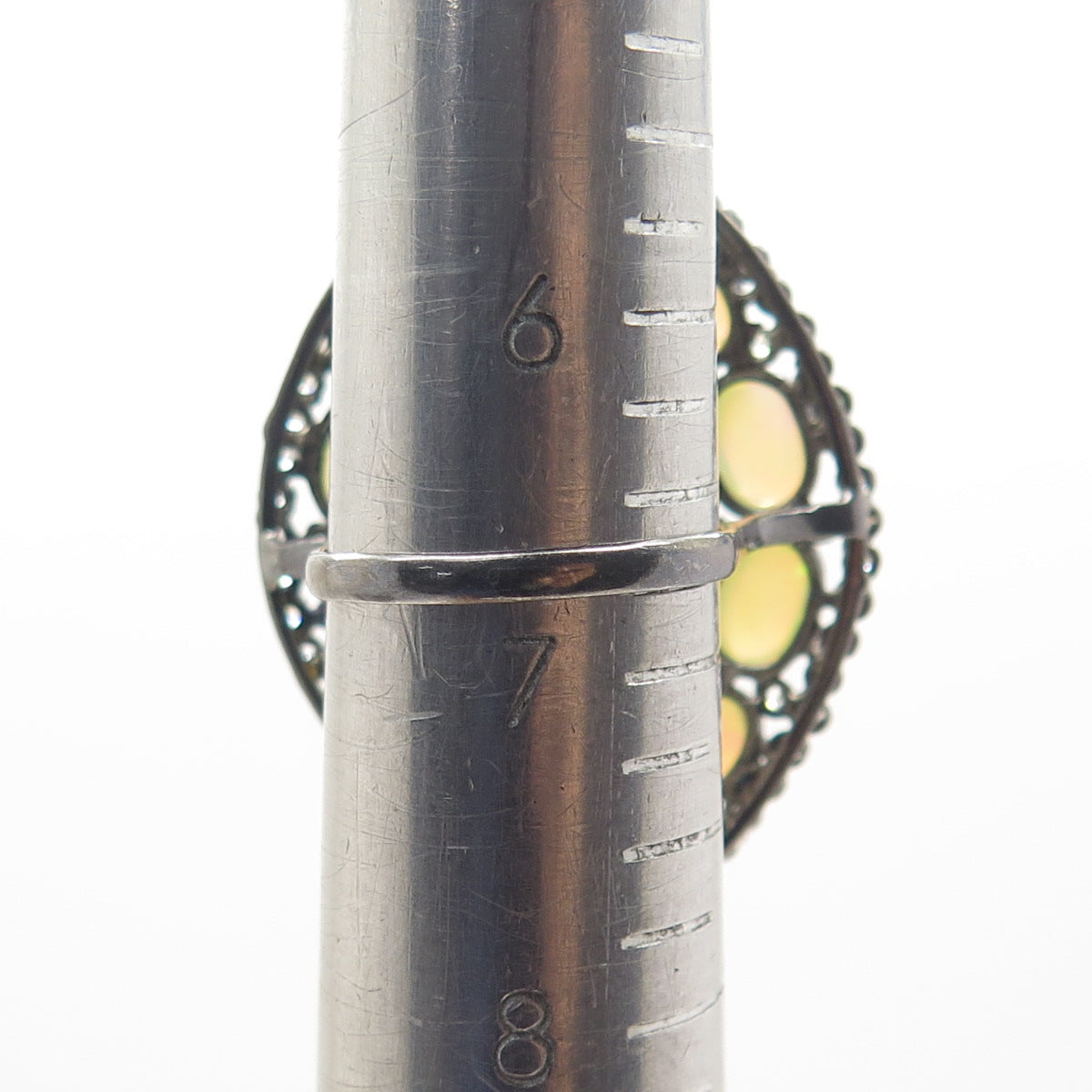 925 Sterling Silver Black Rhodium Real Opal & White Topaz Cluster Ring Size 6.75