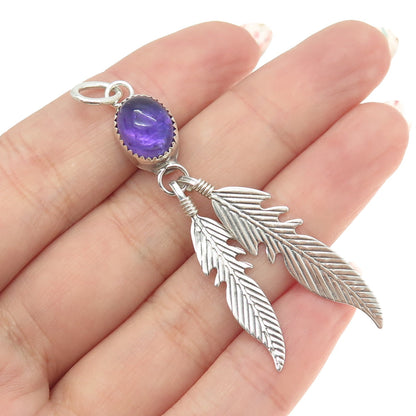 EDE NAVAJO Sterling Silver Vintage Southwestern Real Amethyst Feather Pendant