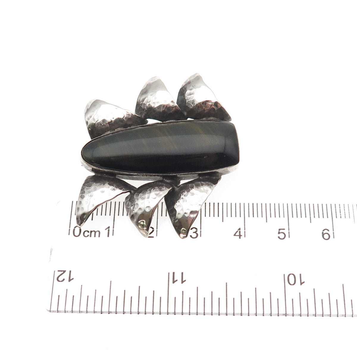 925 Sterling Silver Vintage Real Black Tiger Eye Modernist Hammered Pin Brooch