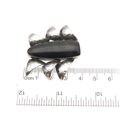 925 Sterling Silver Vintage Real Black Tiger Eye Modernist Hammered Pin Brooch
