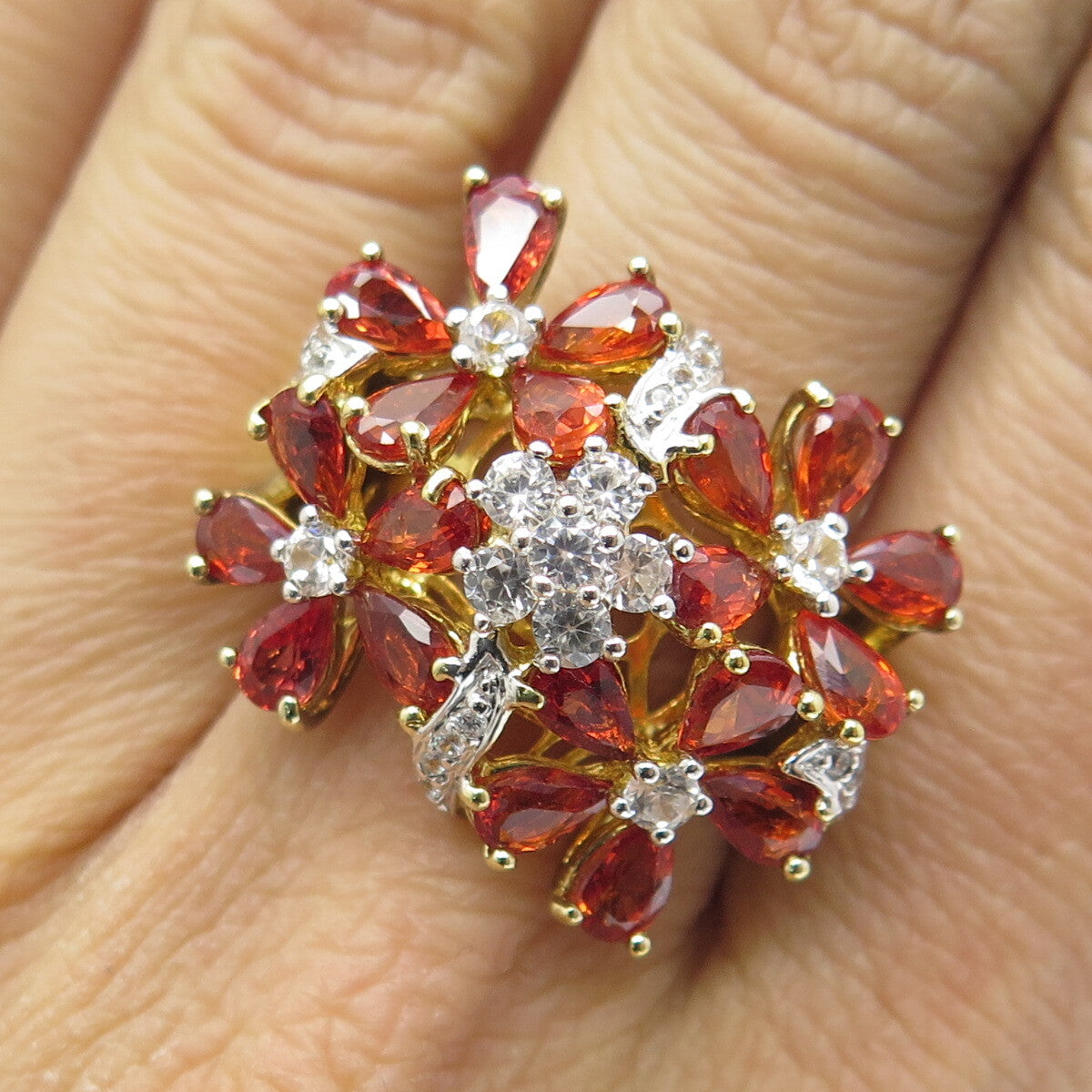 DSMK Sterling Silver Gold Plated Real Fire Sapphire & White Topaz Ring Size 7.25