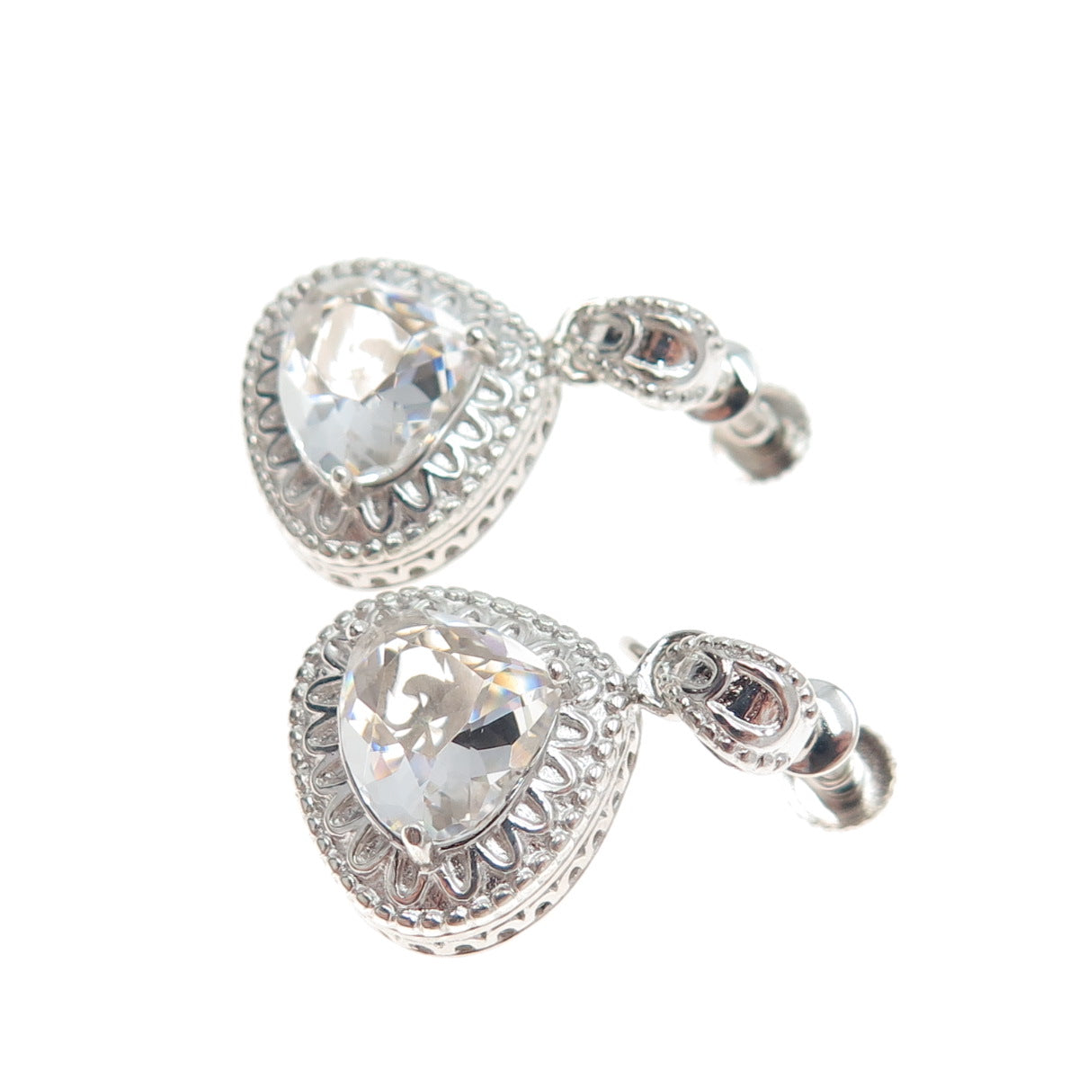 SAI 925 Sterling Silver Real Clear Quartz Teardrop Dangle Screw Back Earrings