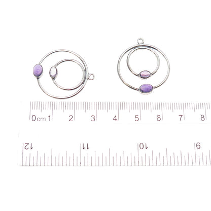 PANDORA 925 Sterling Silver Real Amethyst Double Circle Jacket Earrings