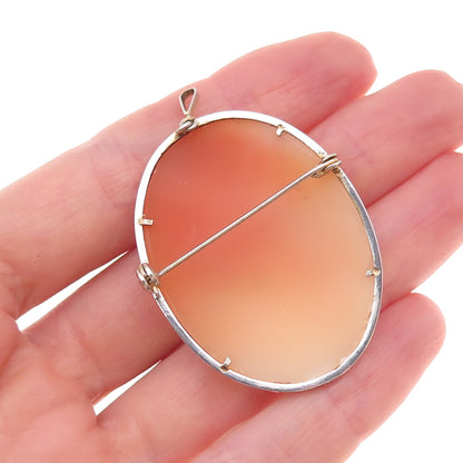 925 Sterling 2-Tone Antique Art Deco Real MOP Lady Cameo Pin Brooch / Pendant