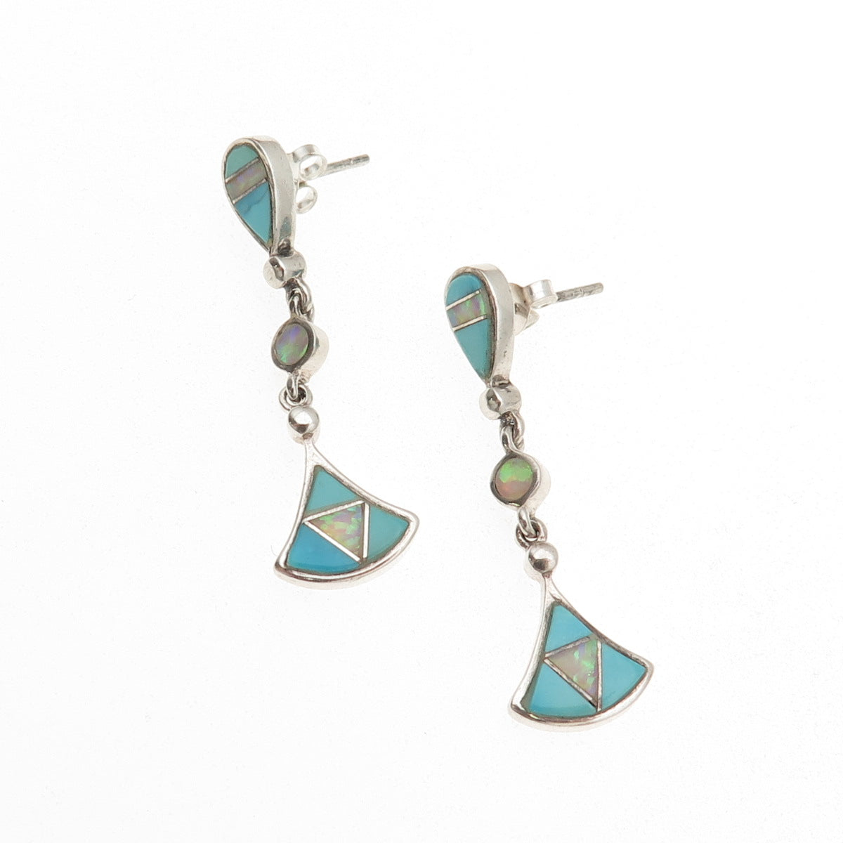 Old Pawn 925 Sterling Silver Vintage Turquoise & Opal Tribal Dangle Earrings